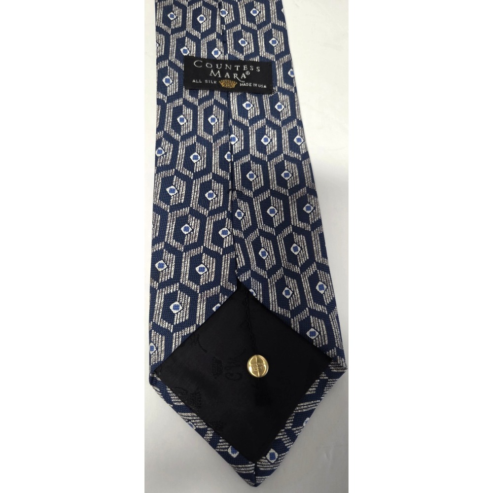 Countess Mara Necktie Blue/Gray/Ivory Geometric 100% Silk Tile Elongated Hex - Picture 6 of 12